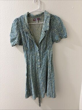 Urban Outfitters Blue and Cream Floral Button-Front Mini Dress